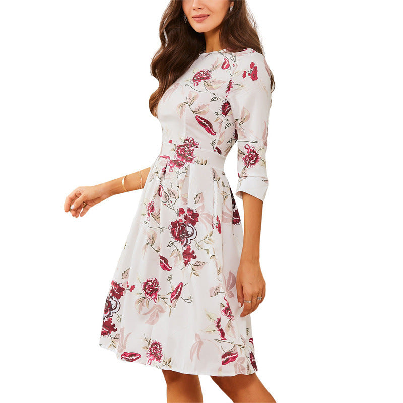 Variant image for Dam Klänning A-Linje Blommönster Trekvartsärmar Polyester Midi-1