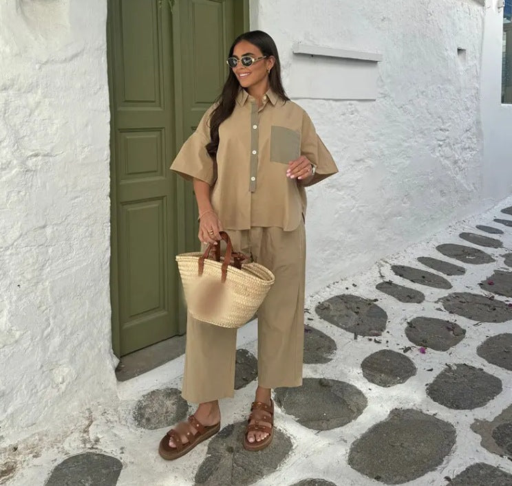 Tvådelat Set Dam Avslappnad Skjorta och Breda Byxor i Andningsbar Bomullsblandning 1