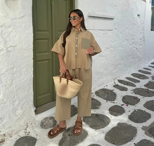 Tvådelat Set Dam Avslappnad Skjorta och Breda Byxor i Andningsbar Bomullsblandning 1