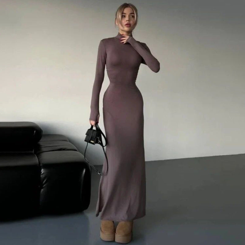 Kvinnors Långärmad Klänning Hög Krage Mjuk Tyg-2