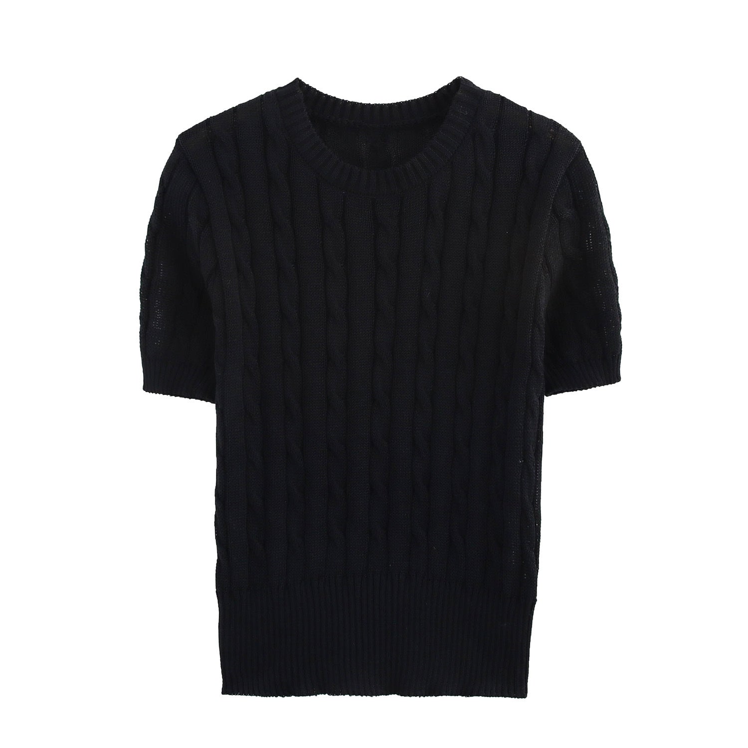 Dam Kortärmad Stickad Tröja Kabelmönster 100% Bomull-4