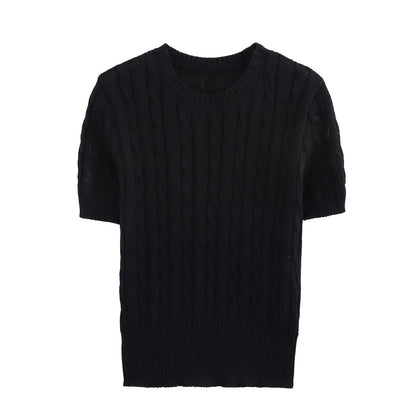 Dam Kortärmad Stickad Tröja Kabelmönster 100% Bomull-4