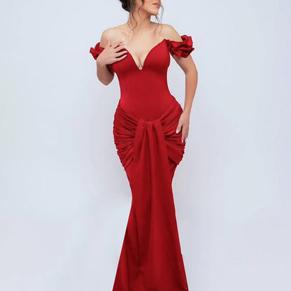 Maxiklänning Dam Off-Shoulder med Rüsch Detaljer i Elastiskt Tyg-5