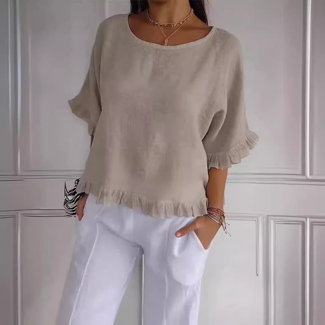 Dam Skjorta Kortärmad Volang Mjuk Bomull-2