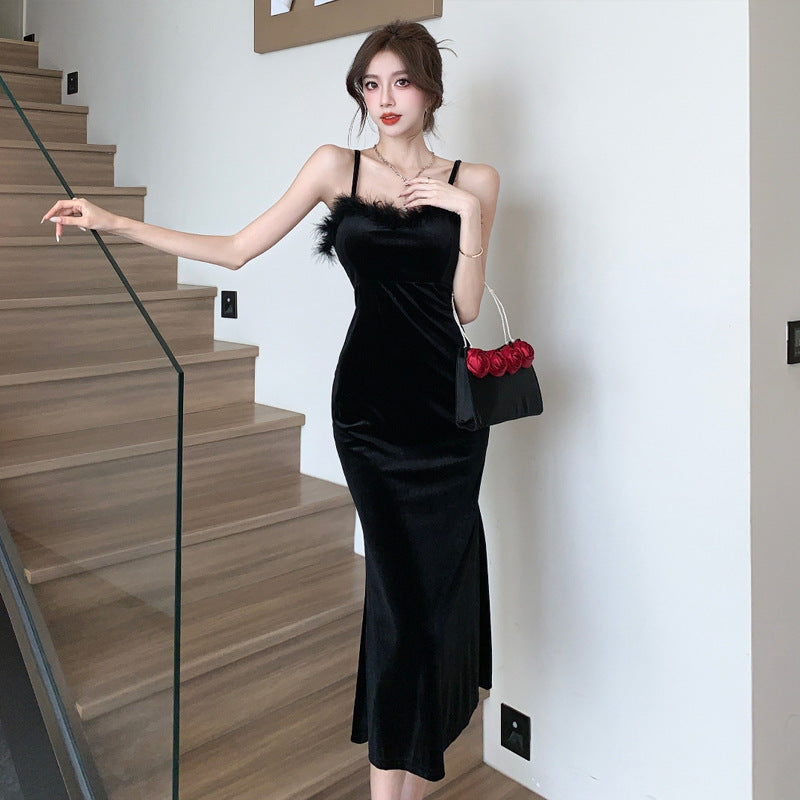 Dam Midiklänning V-hals Spaghetti Band Plüsch-4