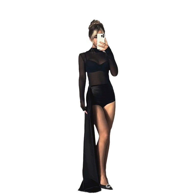 Kvinnors Asymmetrisk Jumpsuit med Transparenta Ärmar i Elastiskt Material – Slim Fit för Kvällsevenemang 6