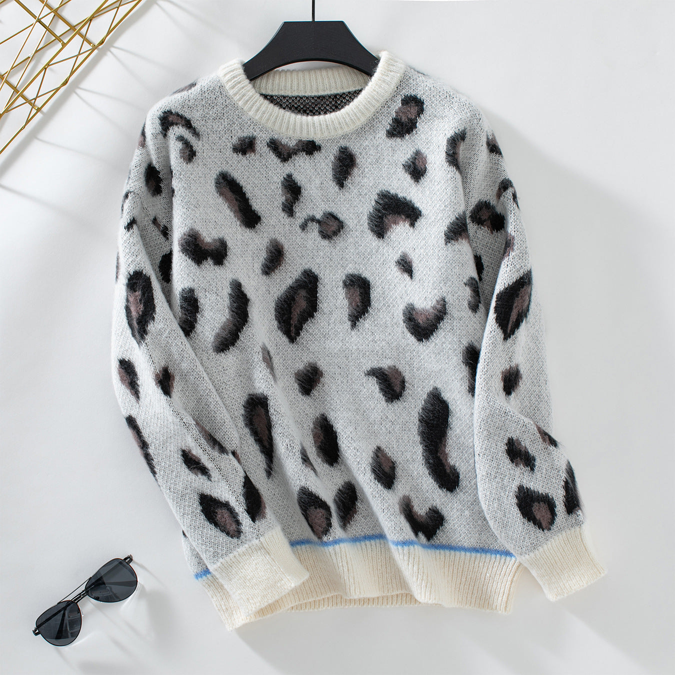 Dam Fleece Pullover Leopard Jacquard Mjuk Polyester-1