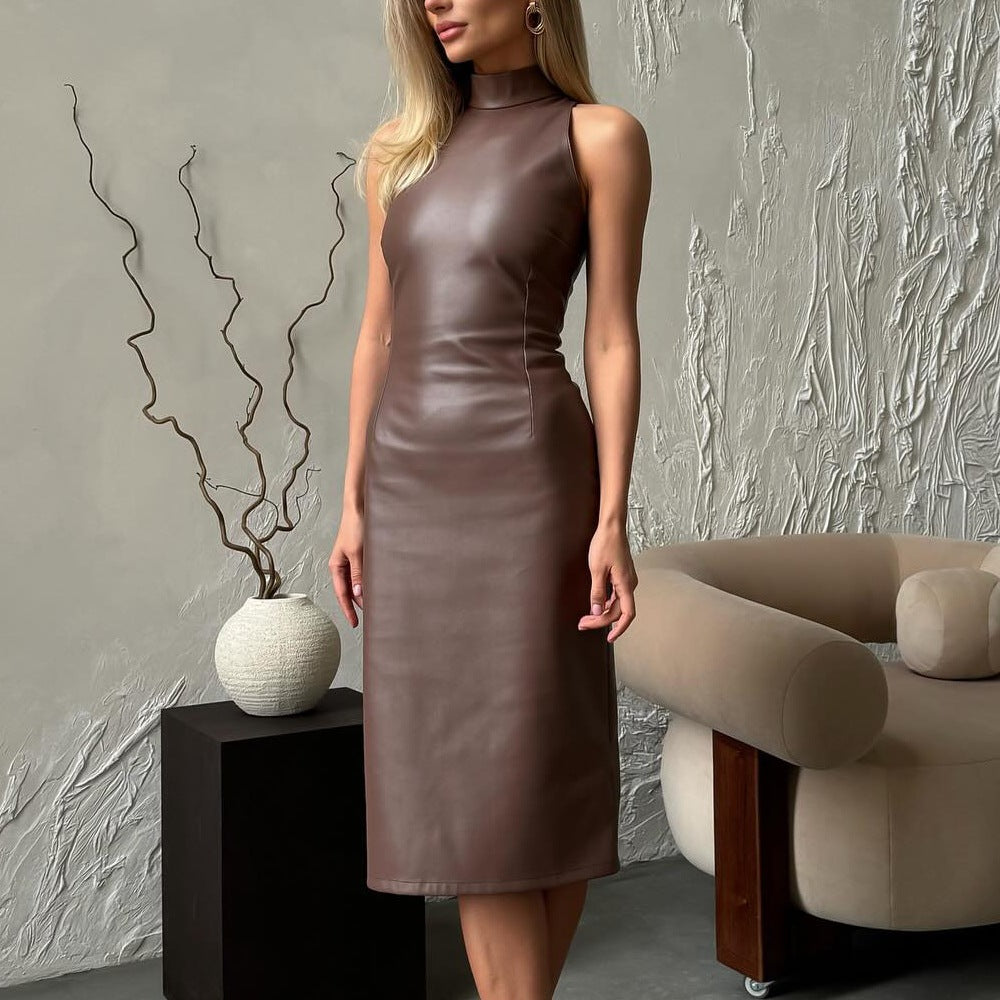 Dam Bodycon Klänning Delad Design i PU Läder Midi Stil-3