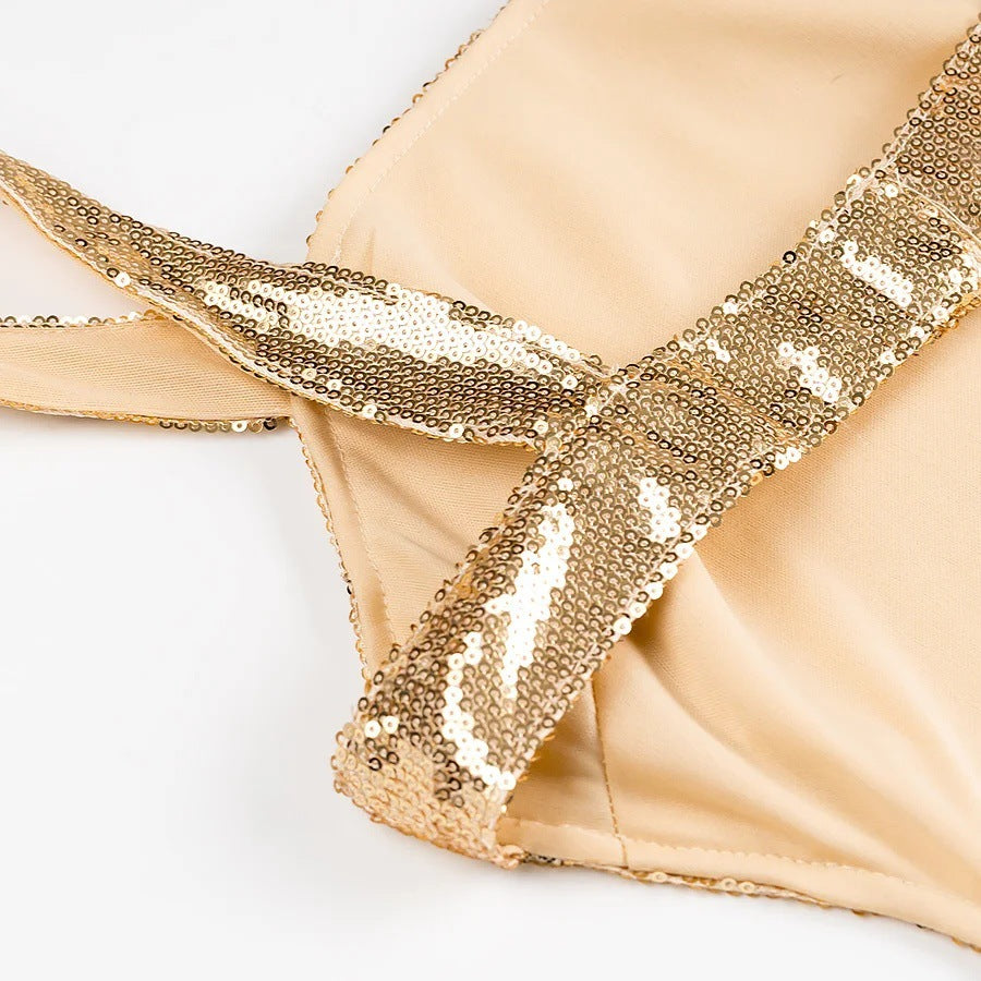Maxiklänning Dam med Glittrande Design och Justerbara Smala Bärare i Elastiskt Material - Festlig Klänning 4