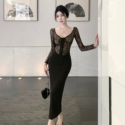 Dam Klänning Höft Spetsdesign Långärmad Polyester Elegant-2