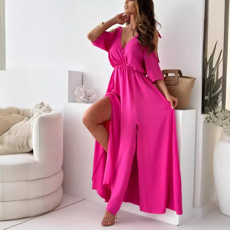 Damklänning A-Linjeformad V-Neck Polyesterblandning Elegant-6