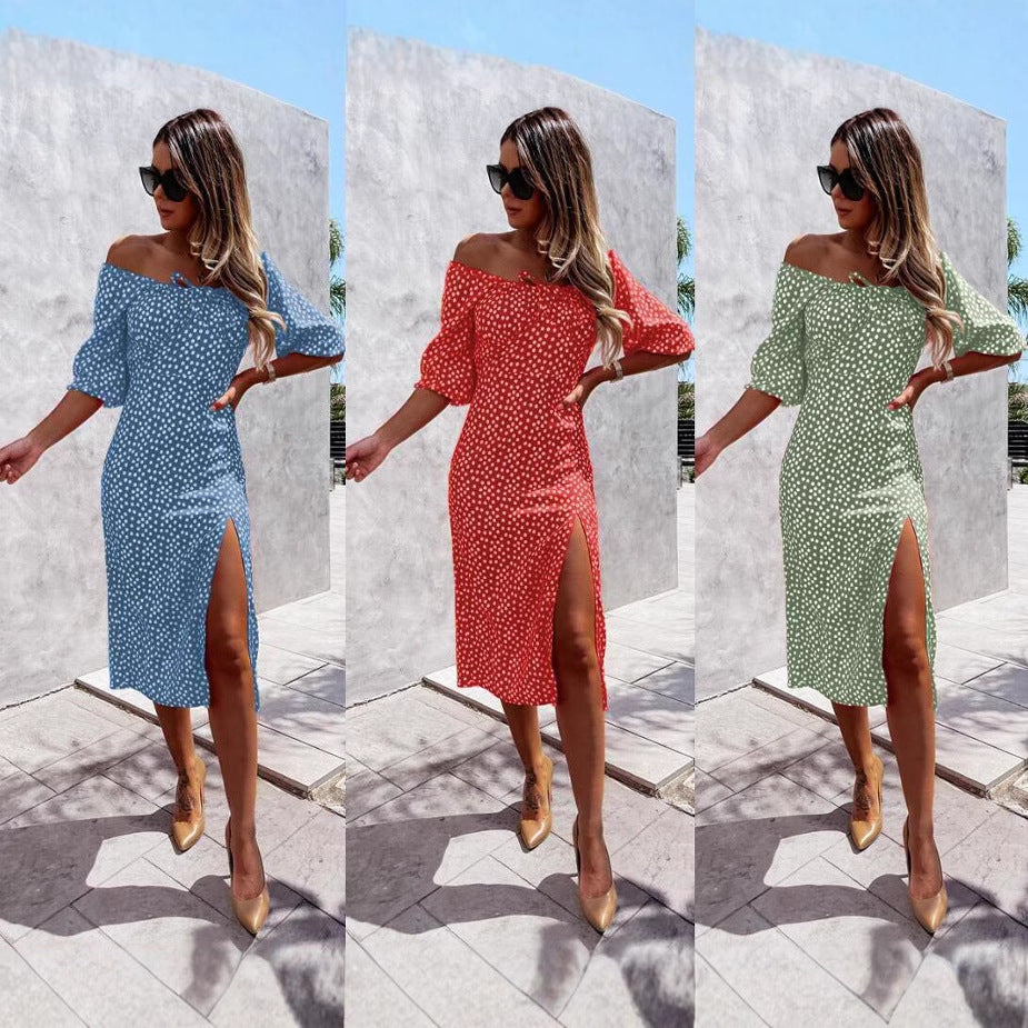 Kvinnors Midi Klänning Off-Shoulder Tryckt Polyester-2