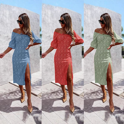 Kvinnors Midi Klänning Off-Shoulder Tryckt Polyester-2