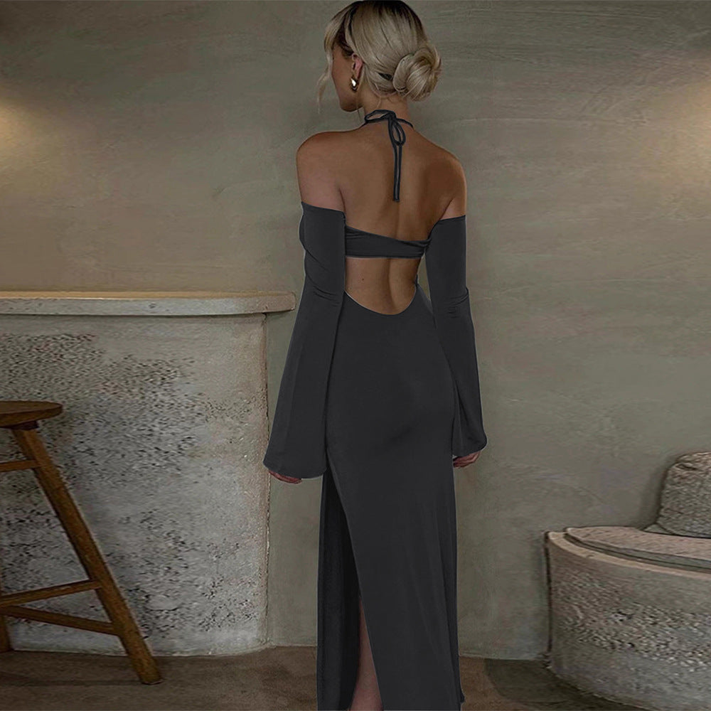 Kvinnors Off-Shoulder Lång Klänning Polyester-3