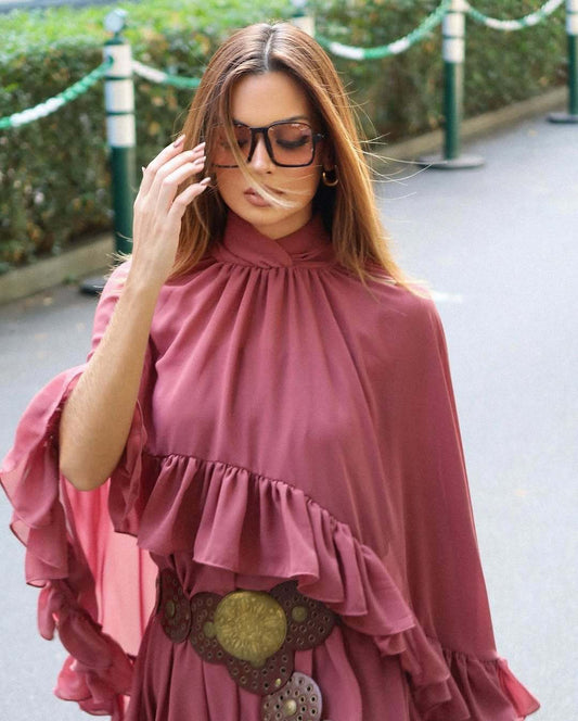 Kvinnor Draperad Klänning Rufsade Detaljer Mjukt Tyg 1