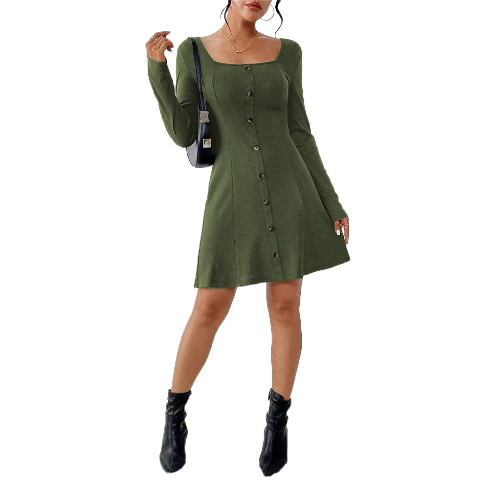 Dam Midiklänning Med Knappdetalj Fyrkantig Halsringning Mjukt Tyg-6