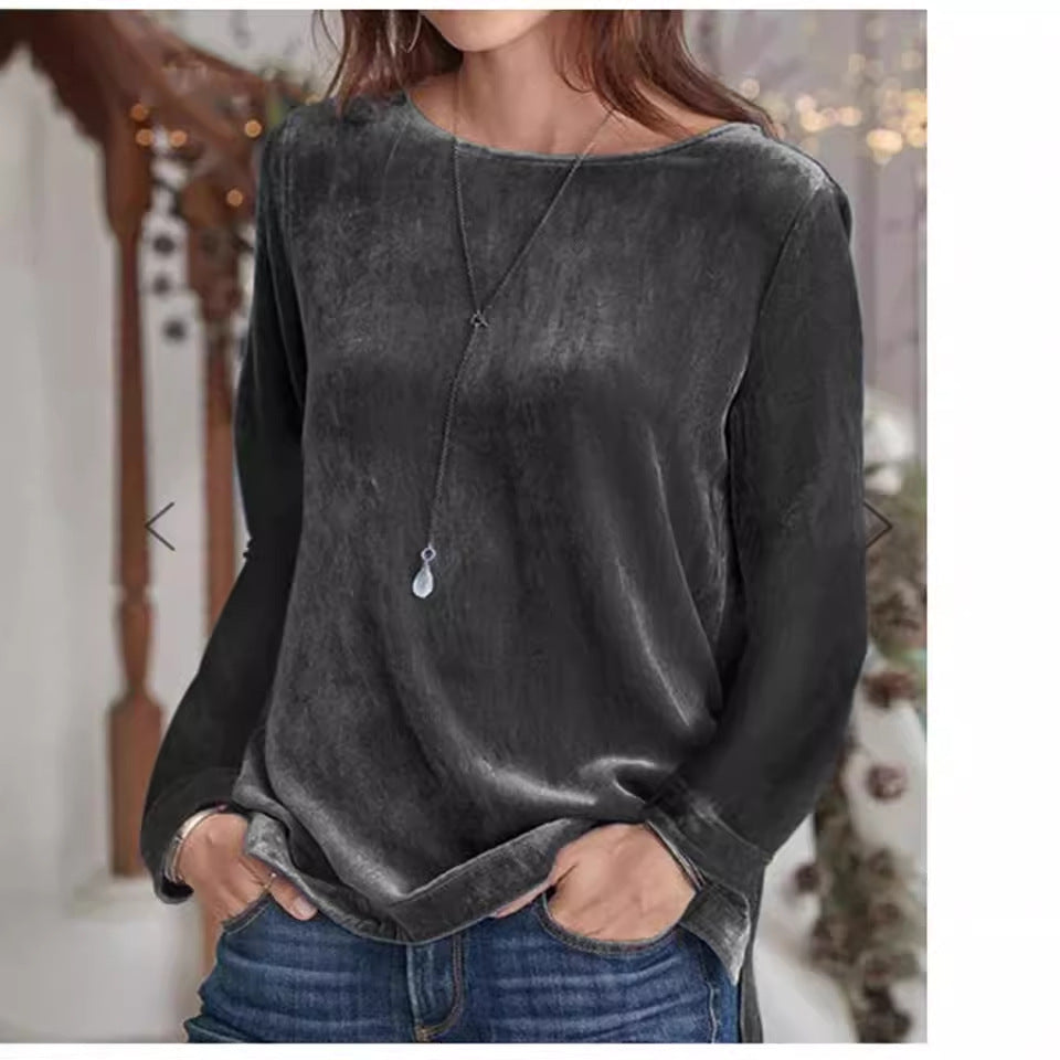 Dam Tröja Rundhals Sammet Löst Passform-3