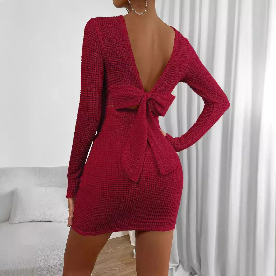 Dam Bodycon Klänning Kort Kjol Rund Hals Långa Ärmar Högkvalitativt Tyg 2