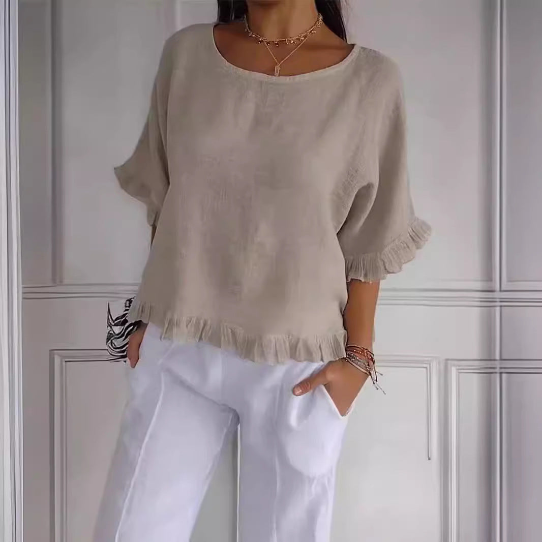 Dam T-shirt Rufsade Detaljer Löst Snitt Bomull-2