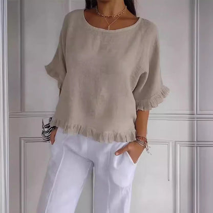 Dam T-shirt Rufsade Detaljer Löst Snitt Bomull-2