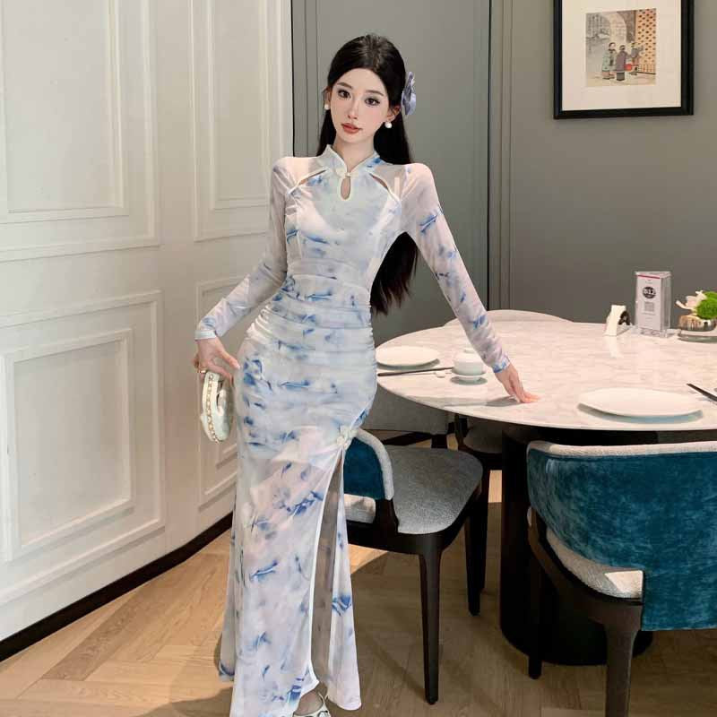 Kvinna Qipao Klänning Långärmad Tryckt Polyester-2