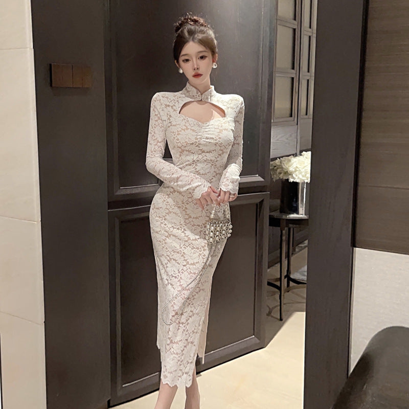 Dam Midi Klänning Cheongsam med Slits och Stehkragen för Fest och Bröllop-4