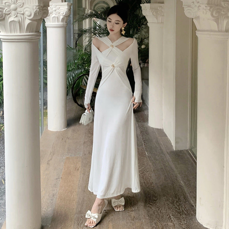 Fina Dam Klänningar Lång V-Hals med Tvärfront Polyester-2