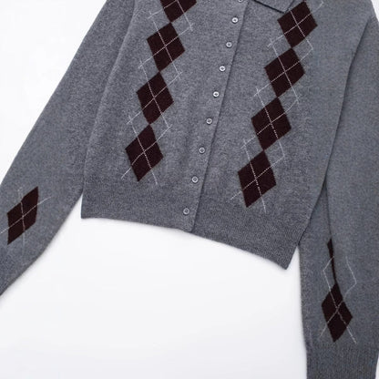 Kvinnors Cardigan Argyle Mönster Klassisk Krage Mjuk Ull 3