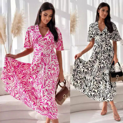 Damklänning A-linje V-hals Elastisk Midja Polyester-2