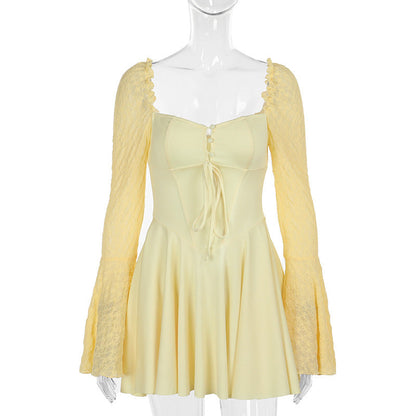 Kvinnors Miniklänning Puffärmar Spetsdetaljer Andningsbart Tyg 1