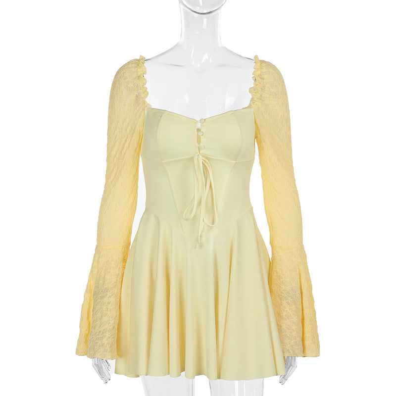 Kvinnors Miniklänning Puffärmar Spetsdetaljer Andningsbart Tyg 7