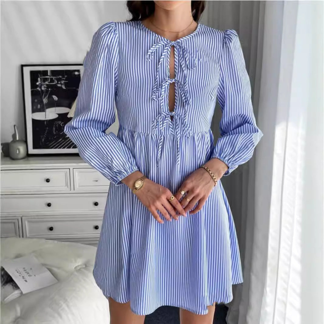 Kvinnors Midi Klänning Puffärmar Randig Bomullsblandning-2