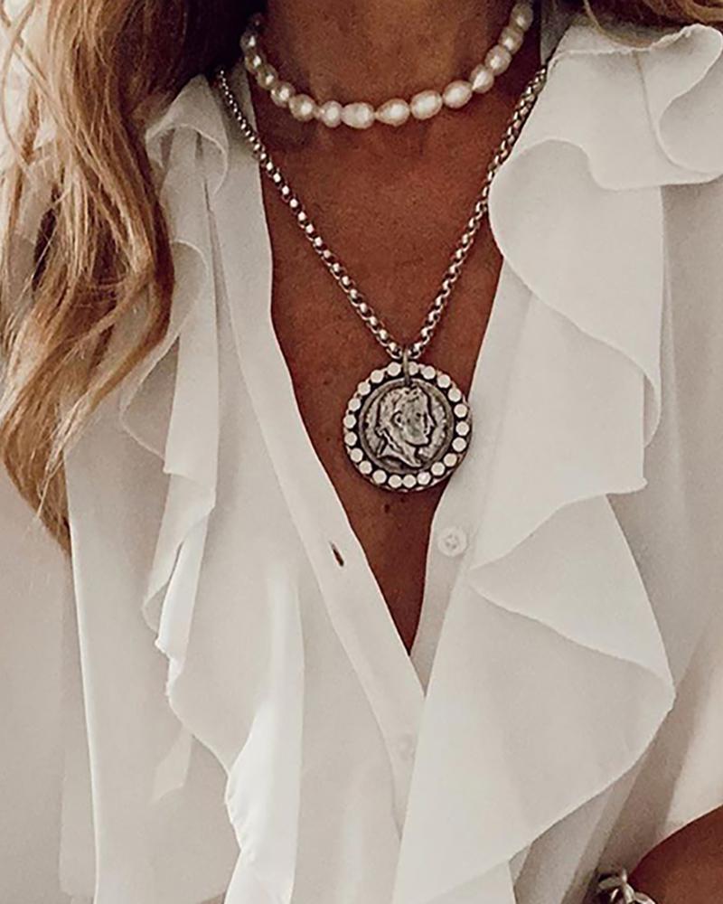 Dam Skjorta V-ringad Långärmad Chiffong med Tryckt Mönster 2