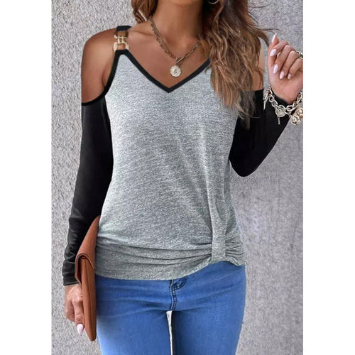 Dam Långärmad T-Shirt V-ringning Polyester med Metallspänne-1