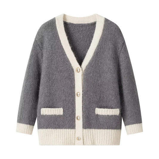 Kvinnors Kofta V-ringning Kontrastdesign Mjuk Tyg med Pärlknappar-1