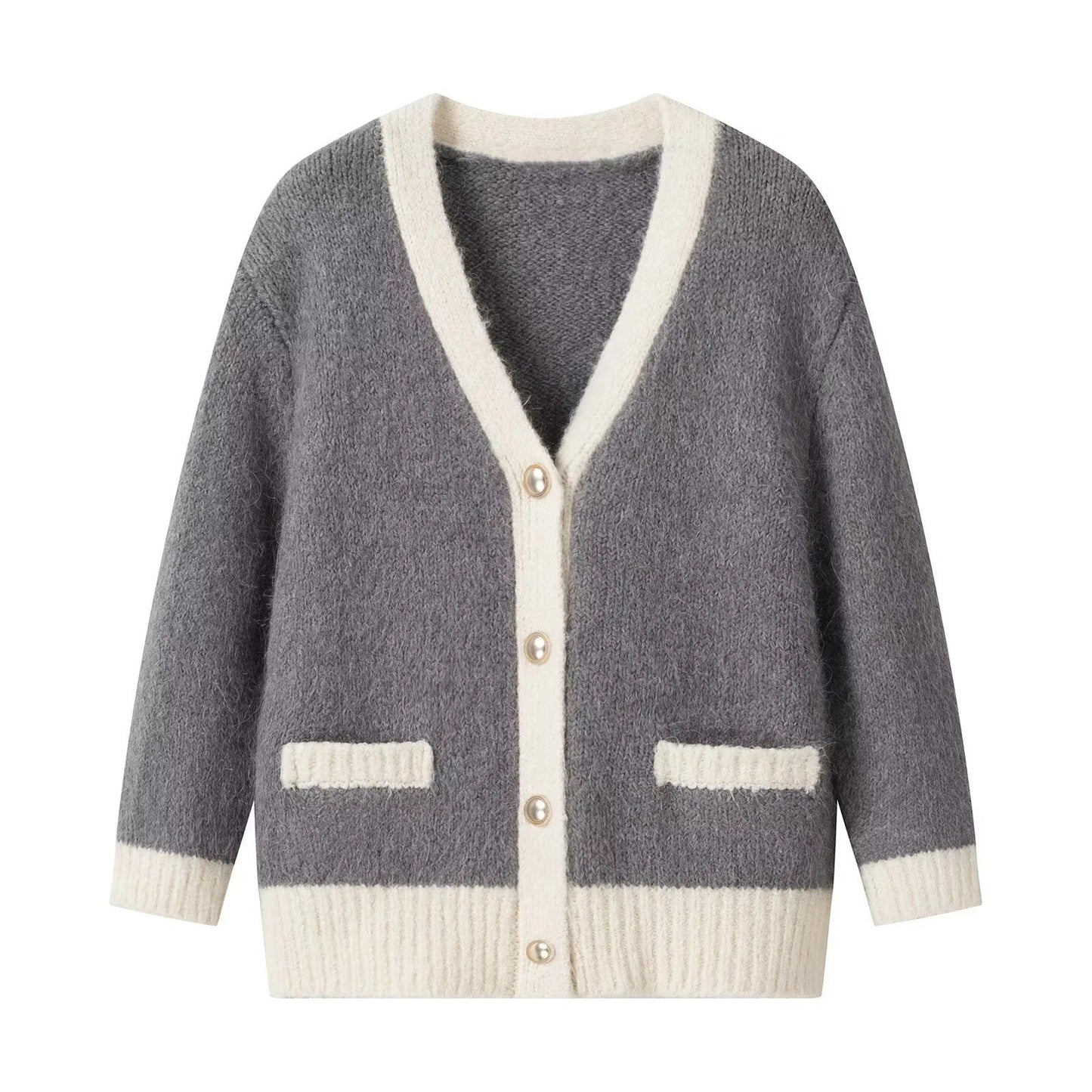 Variant image for Kvinnors Kofta V-ringning Kontrastdesign Mjuk Tyg med Pärlknappar-1