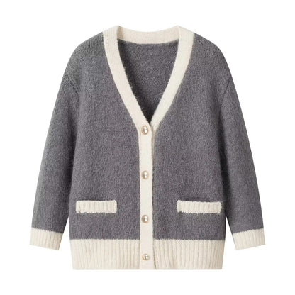 Variant image for Kvinnors Kofta V-ringning Kontrastdesign Mjuk Tyg med Pärlknappar-1