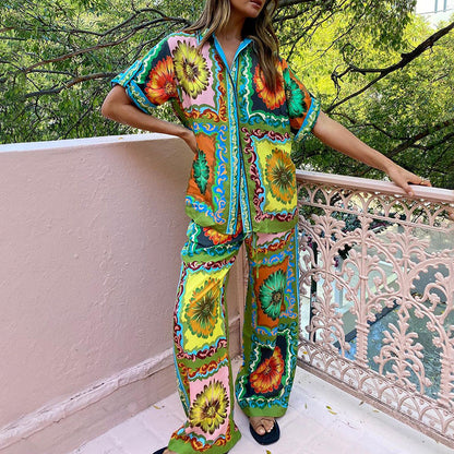 Dam T-shirt och Byxor Blommönstrad 100% Bomull-3