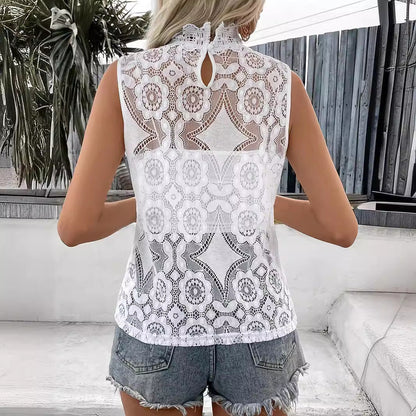 Dam Topp Ärmlös Spets Detaljer 100% Bomull-3