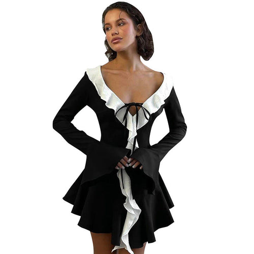 Kvinna Kort Klänning Rüschener Spetsig Krage Högkvalitativt Tyg-1