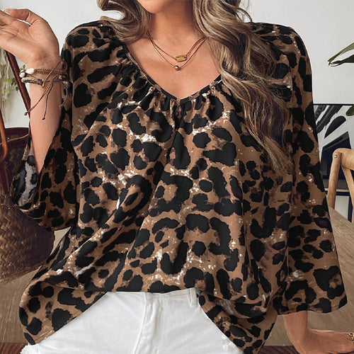 Dam Tröja V-ringad Leopardmönster Ballonärmar Polyester-1