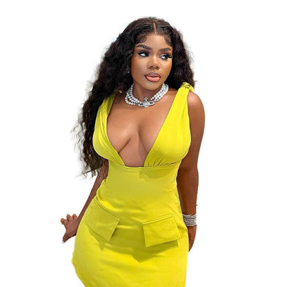 Svart Miniklänning med V-ringning och Fickor i Elastiskt Tyg – Bekväm och Elegant Klänning för Kvinnor 6