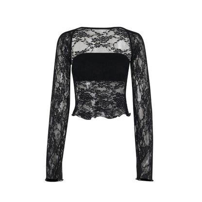 Kvinnors Transparent Topp med Rüsch Detaljer i Spets-6