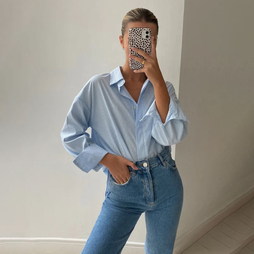 Löst Randig Kofta för Kvinnor i Mjuk Bomull – Ljusgrå och Blå, Storlek S-M-L 2