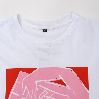 Dam T Shirt Avslappnad Överdimensionerad Bomull med Konstnärligt Tryck-3