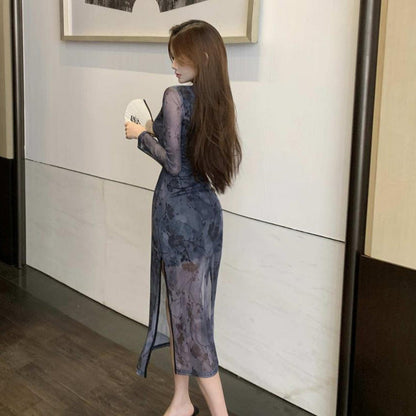 Kvinnors Cheongsam Klänning med Långa Ärmar och Stående Krage i Högkvalitativt Tyg – Elegant och Bekväm Passform 4