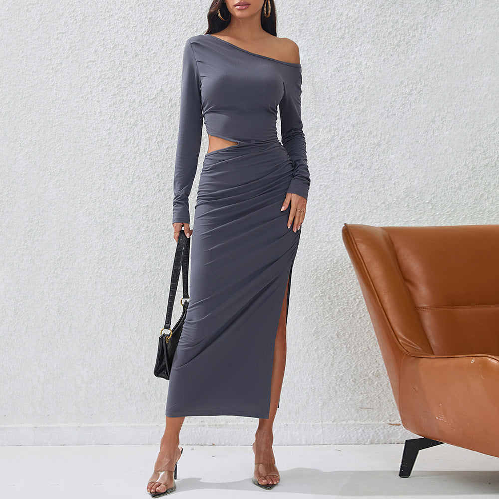 Maxiklänning Dam Off-Shoulder Elastisk Lång Klänning med Långa Ärmar och Sidoslits 2