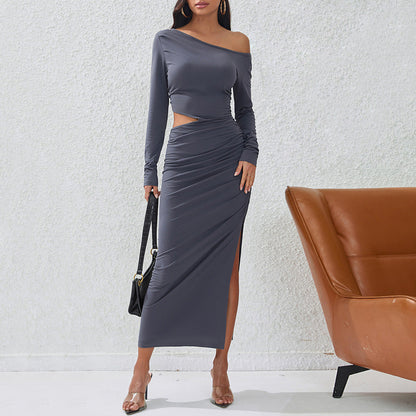 Maxiklänning Dam Off-Shoulder Elastisk Lång Klänning med Långa Ärmar och Sidoslits 2