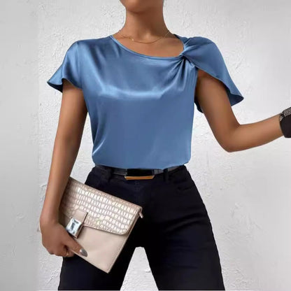 Dam T-shirt Löst Satin med Knytdetalj Kort Ärmd-4