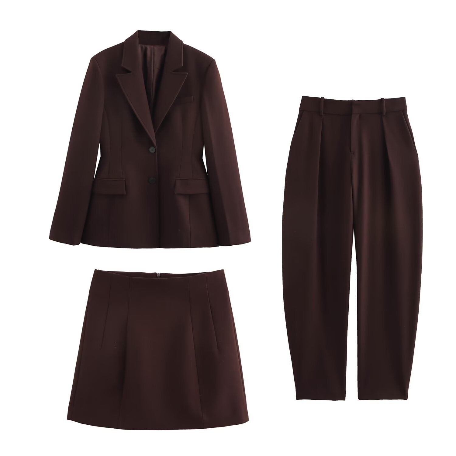 Tre-delars Set för Dam med Kappa, Byxor och Mini Kjol i Polyester – Elegant och Mångsidig Outfit för Vardag och Fest 2